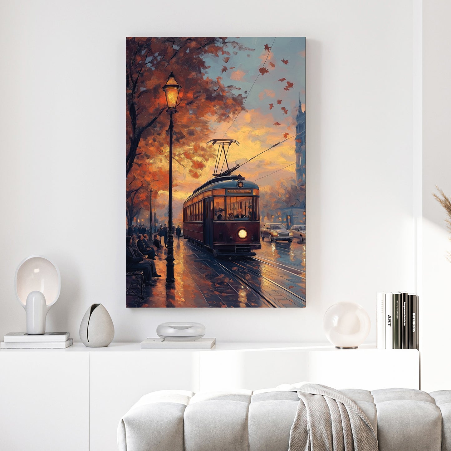 Vintage Tram Sunset Cityscape Painting canvas wall art print above a sofa in a contemporary living room