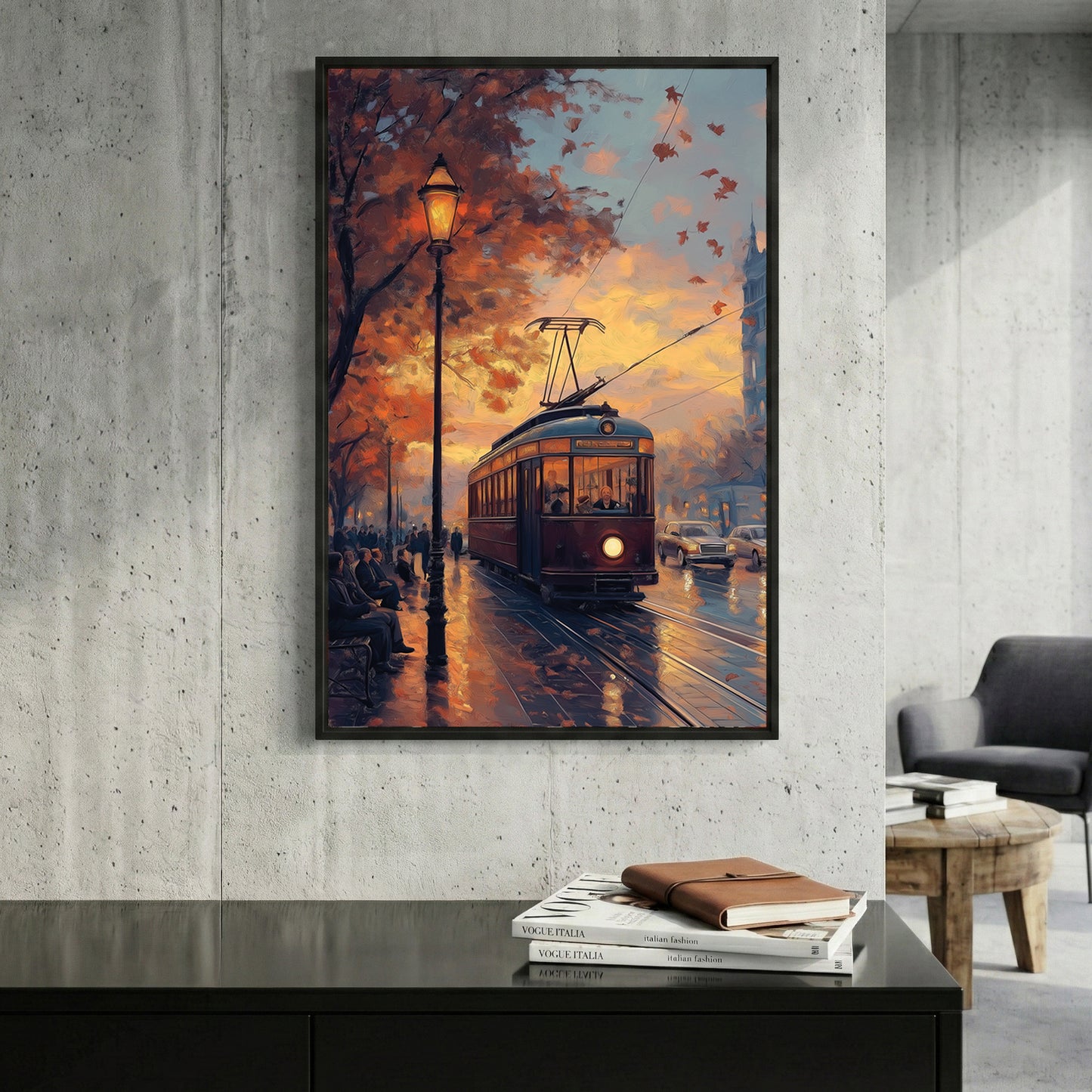 Vintage Tram Sunset Cityscape Painting framed canvas wall art print in a gallery-style display