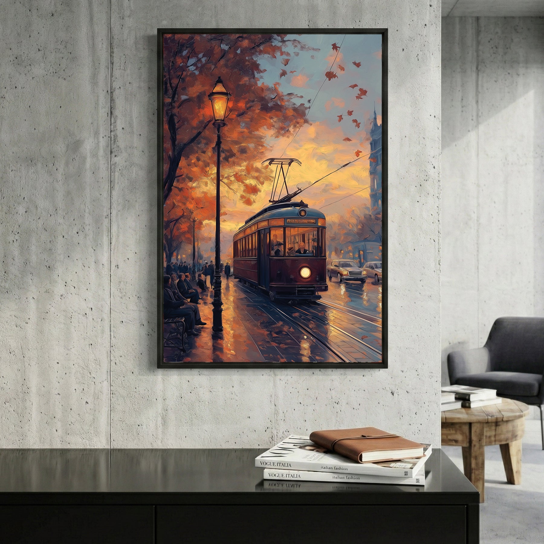 Vintage Tram Sunset Cityscape Painting framed canvas wall art print in a gallery-style display