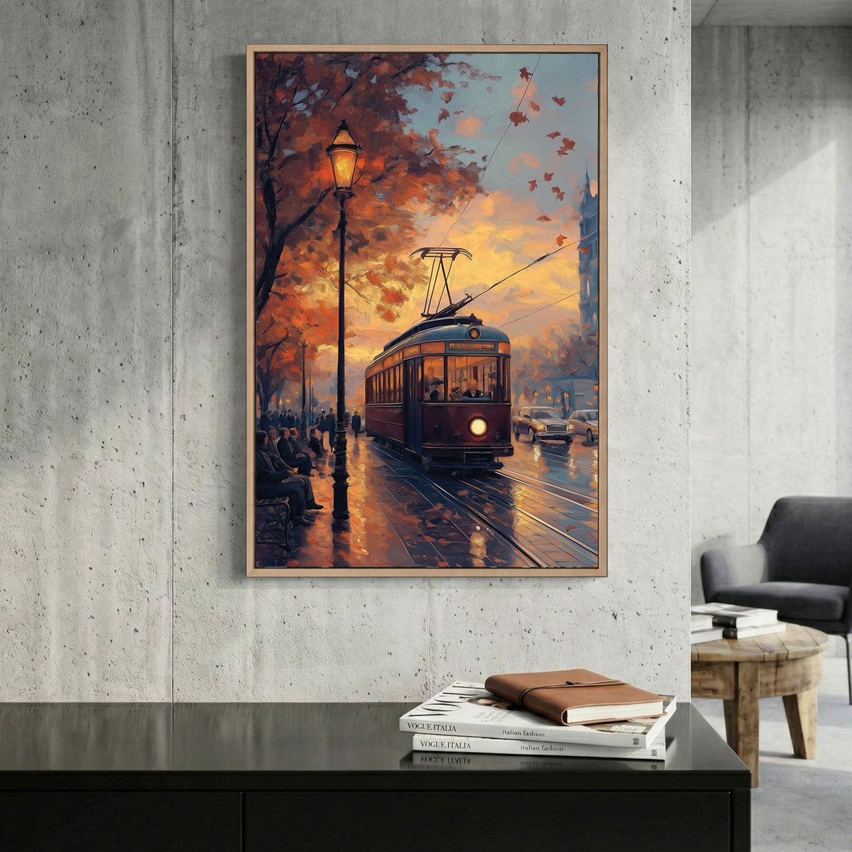 Vintage Tram Sunset Cityscape Painting canvas wall art print displayed in a styled living room