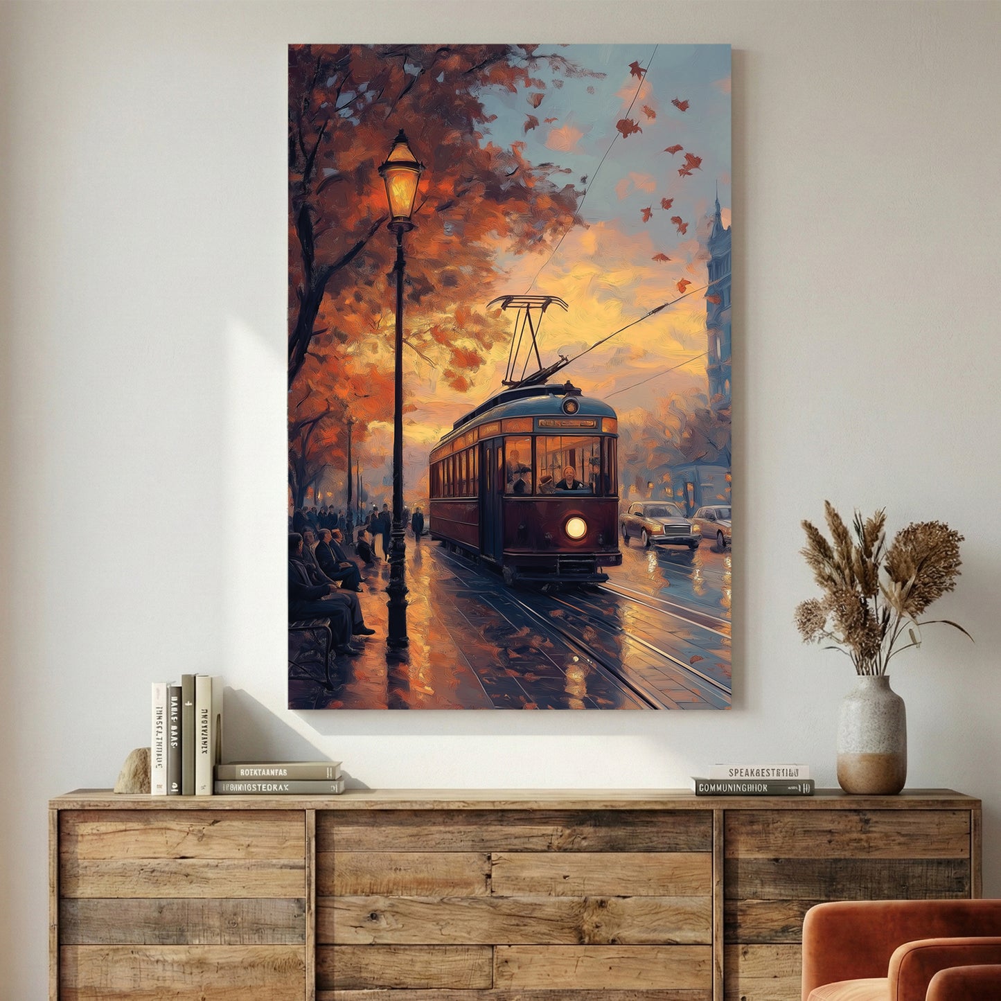 Vintage Tram Sunset Cityscape Painting canvas wall art print displayed in a styled living room
