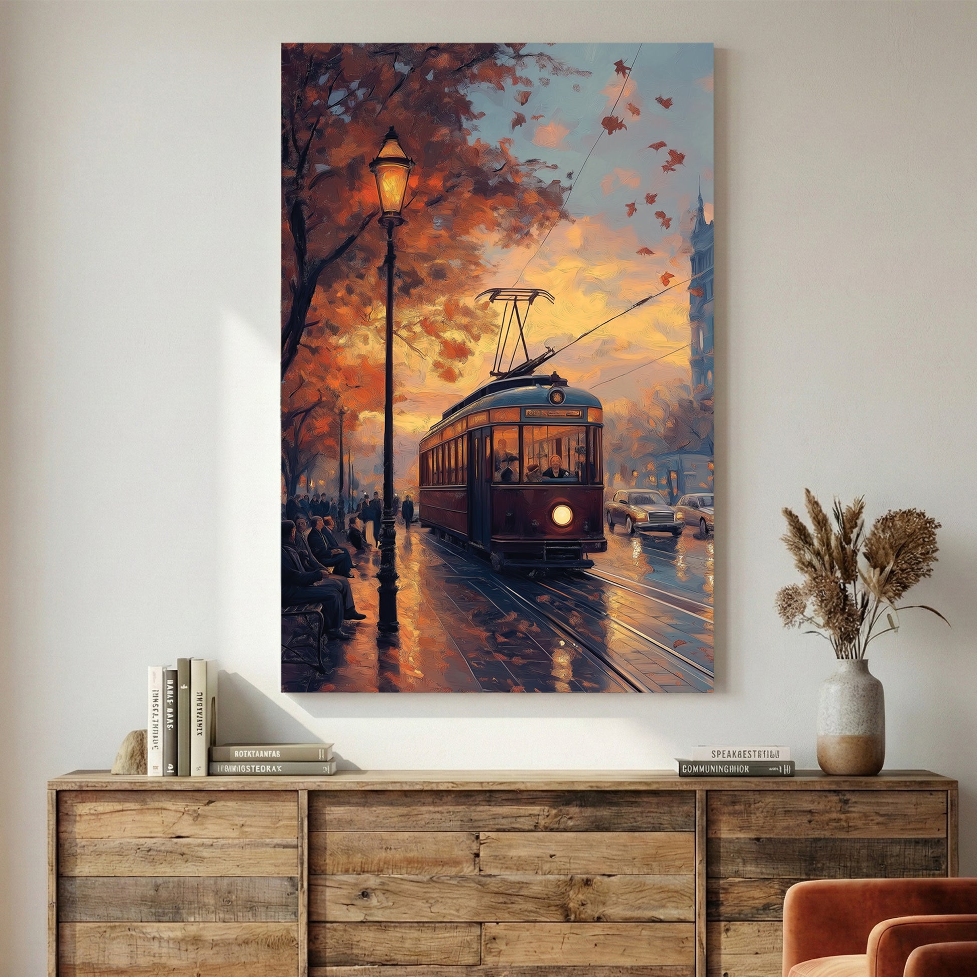 Vintage Tram Sunset Cityscape Painting canvas wall art print displayed in a styled living room