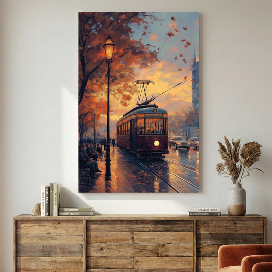 Vintage Tram Sunset Cityscape Painting canvas wall art print displayed in a styled living room