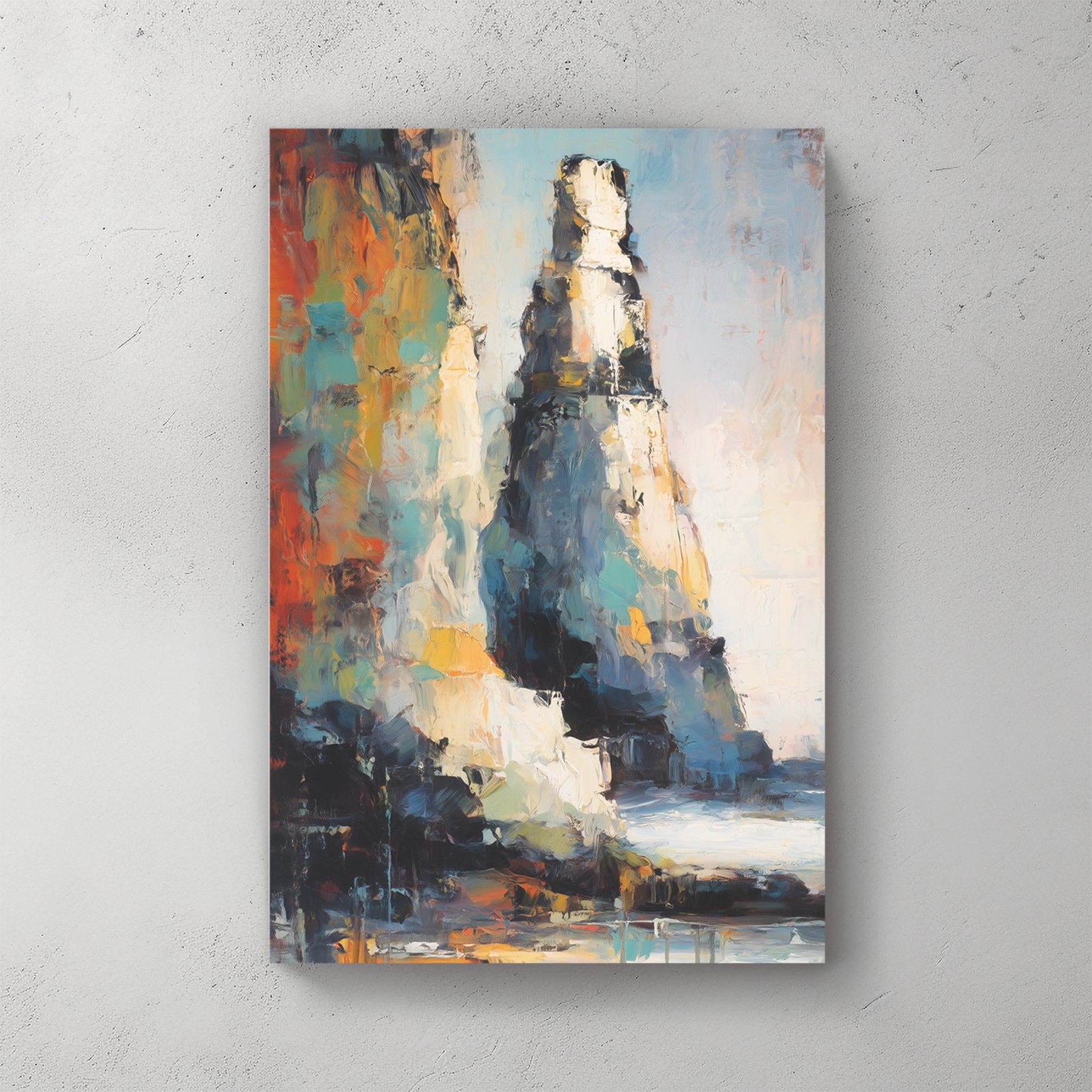 Colourful abstract rock cliff/lighthouse, orange teal blue, painterly, ocean below — canvas wall art print