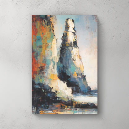 Colourful abstract rock cliff/lighthouse, orange teal blue, painterly, ocean below — canvas wall art print