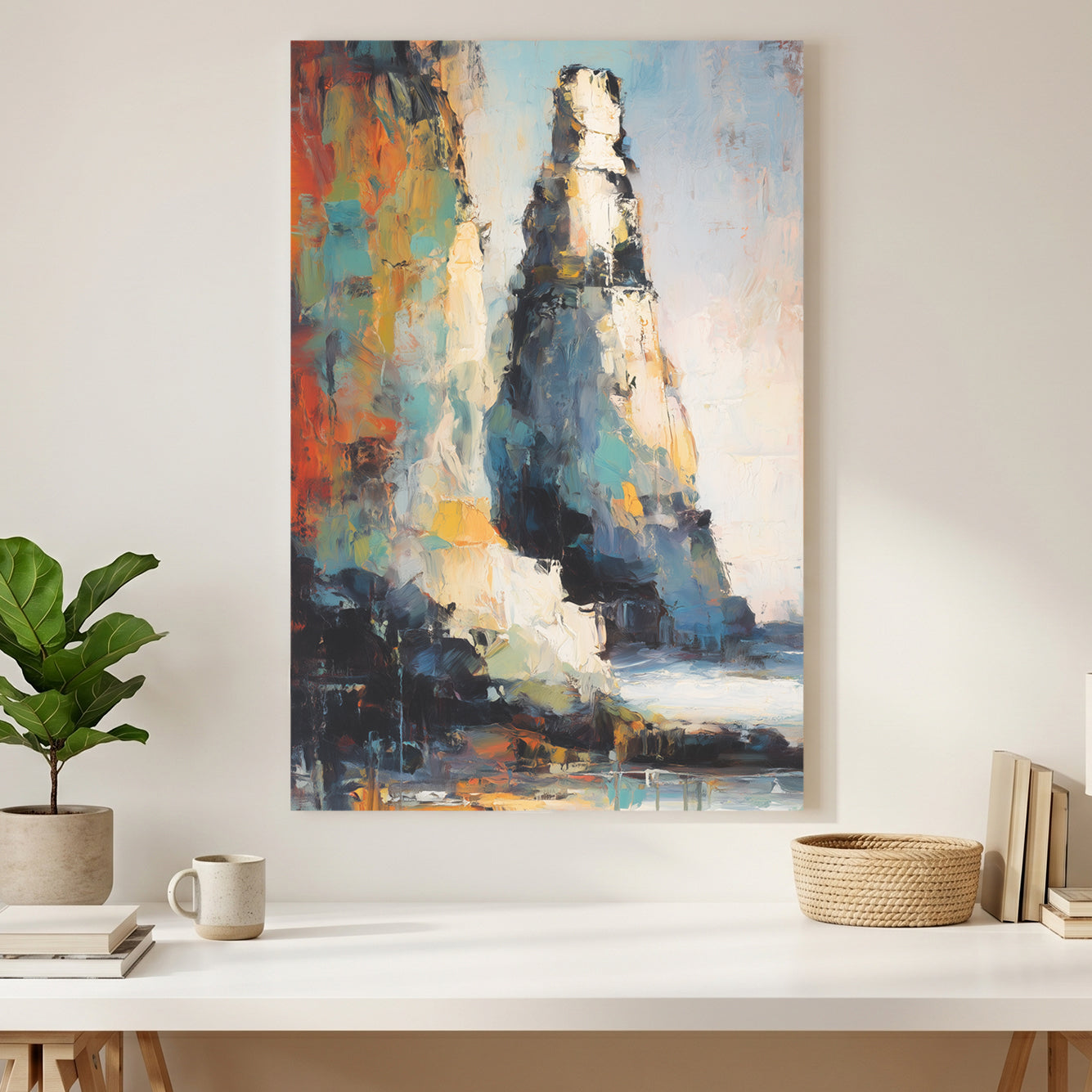 Colourful Abstract Rock Cliff Painting canvas wall art print styled in a modern interior