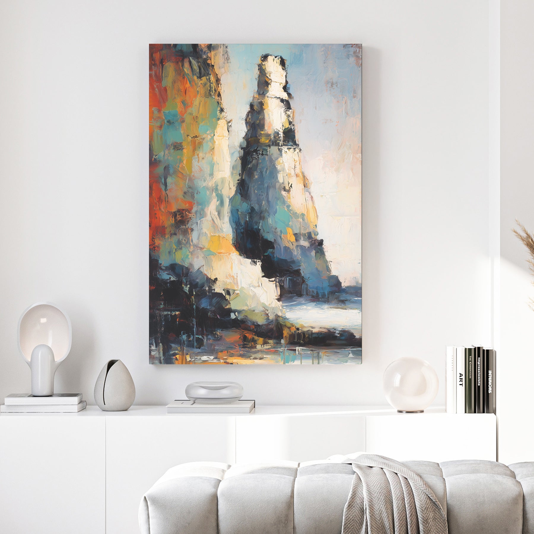 Colourful Abstract Rock Cliff Painting canvas wall art print above a sofa in a contemporary living room