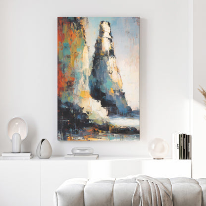 Colourful Abstract Rock Cliff Painting canvas wall art print above a sofa in a contemporary living room