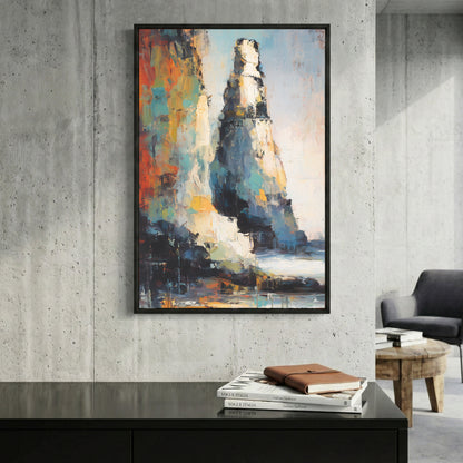 Colourful Abstract Rock Cliff Painting framed canvas wall art print in a gallery-style display
