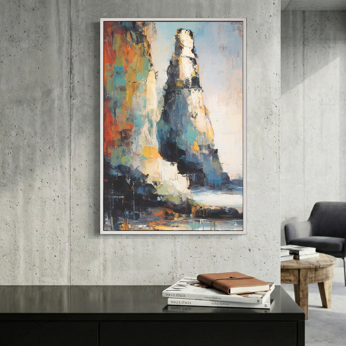 Colourful Abstract Rock Cliff Painting canvas wall art print displayed in a styled living room