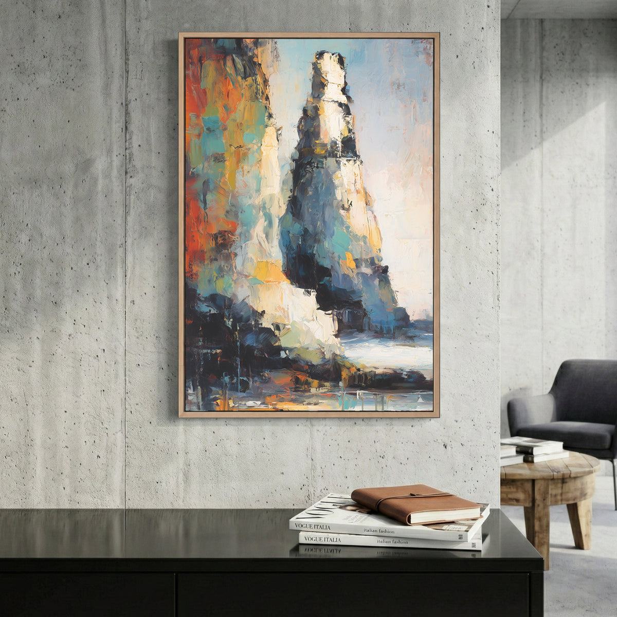 Colourful Abstract Rock Cliff Painting canvas wall art print displayed in a styled living room