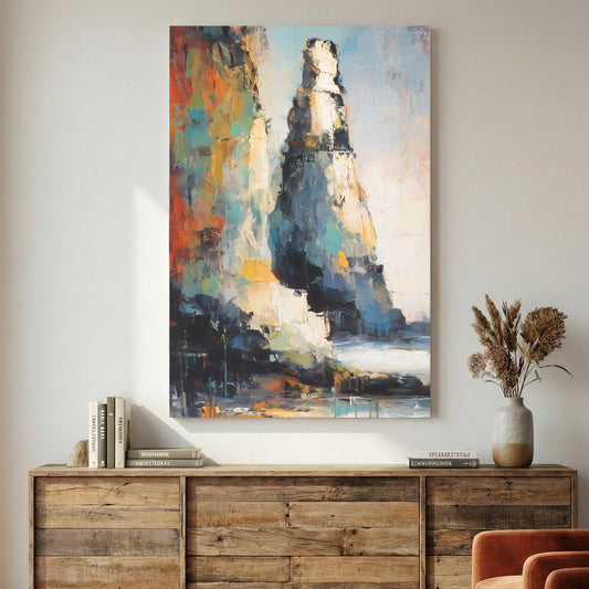 Colourful Abstract Rock Cliff Painting canvas wall art print displayed in a styled living room