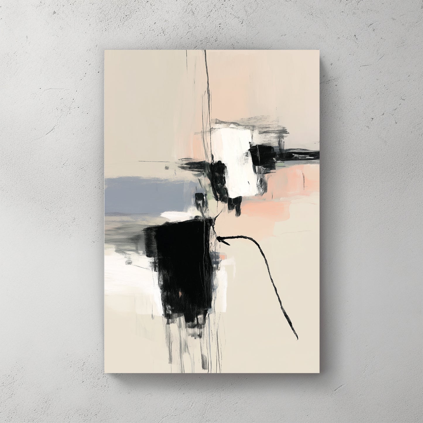 Black white and blush minimalist abstract, cream background, black brush strokes, single pink block — canvas wall art print