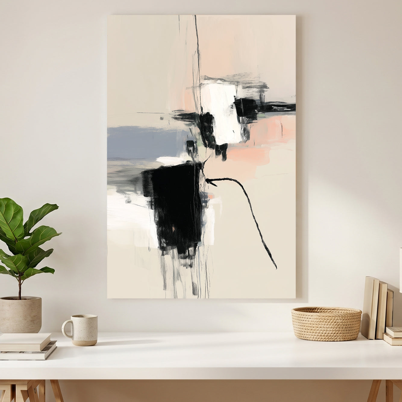 Black White Blush Minimalist Abstract canvas wall art print styled in a modern interior