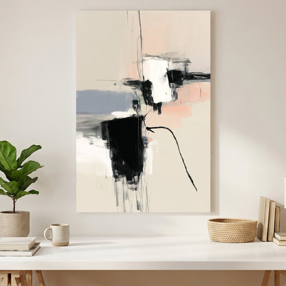 Black White Blush Minimalist Abstract canvas wall art print styled in a modern interior
