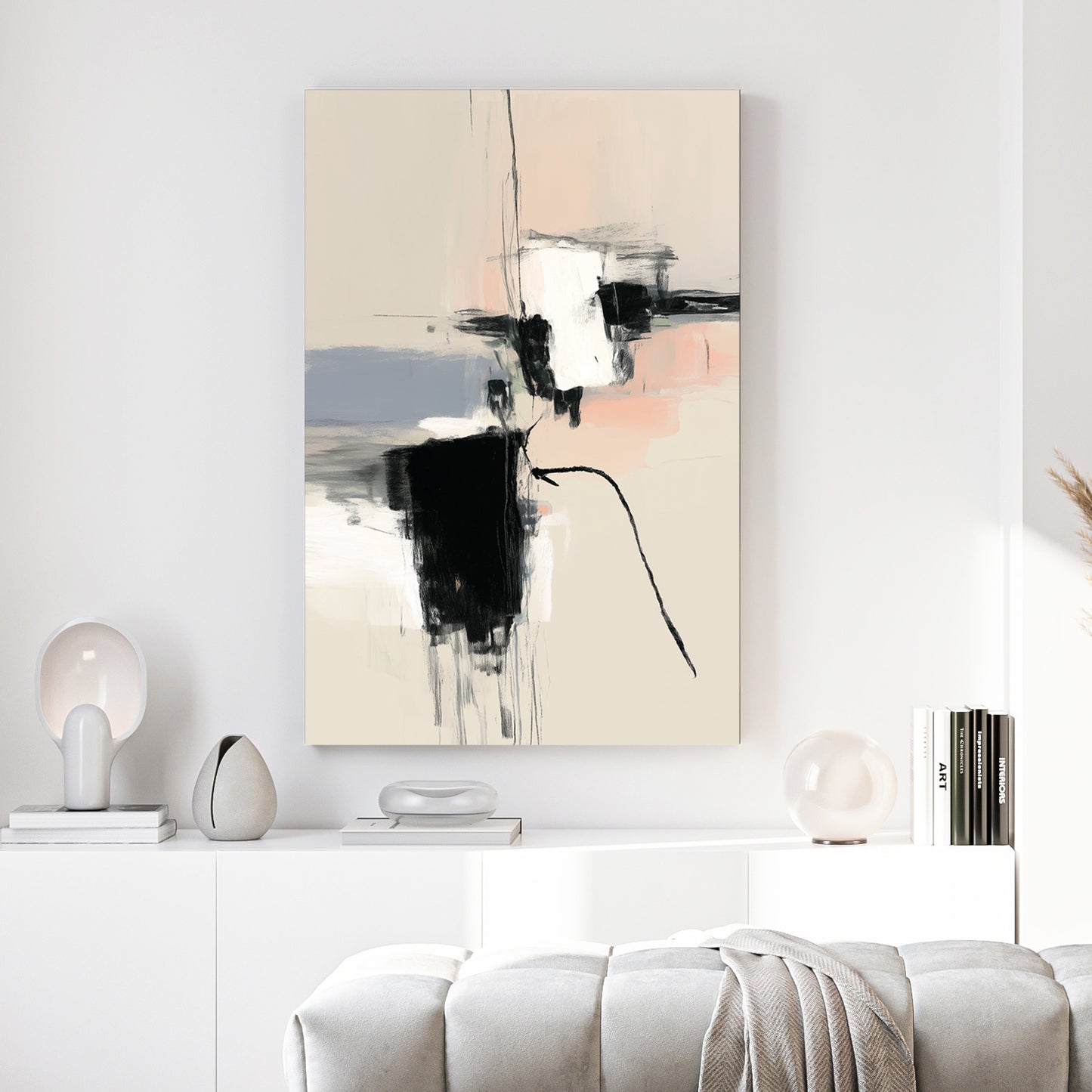 Black White Blush Minimalist Abstract canvas wall art print above a sofa in a contemporary living room