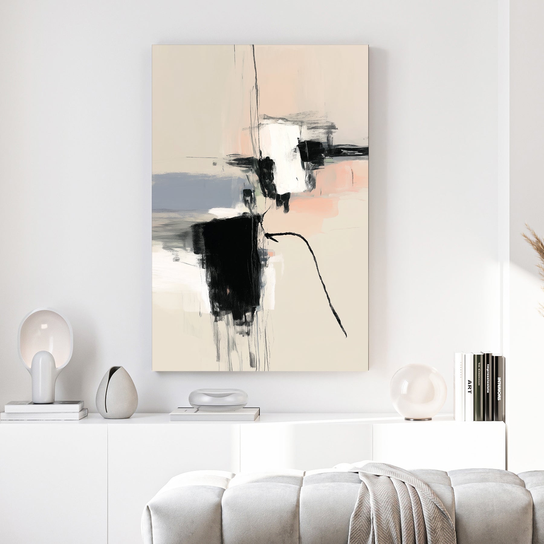Black White Blush Minimalist Abstract canvas wall art print above a sofa in a contemporary living room