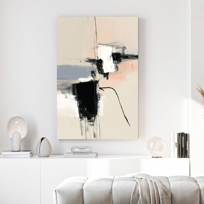 Black White Blush Minimalist Abstract canvas wall art print above a sofa in a contemporary living room