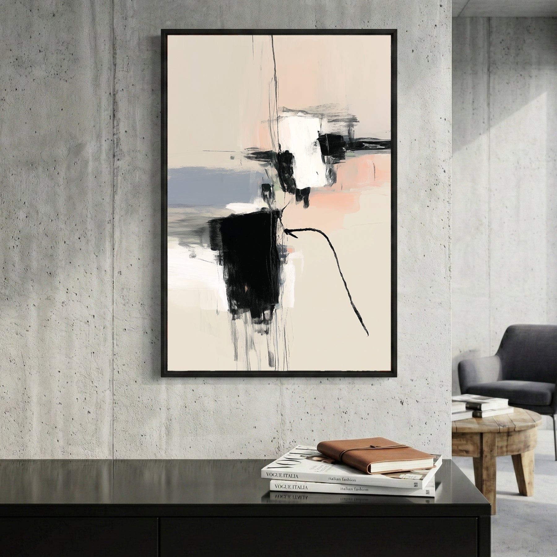 Black White Blush Minimalist Abstract framed canvas wall art print in a gallery-style display
