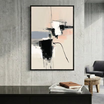 Black White Blush Minimalist Abstract framed canvas wall art print in a gallery-style display