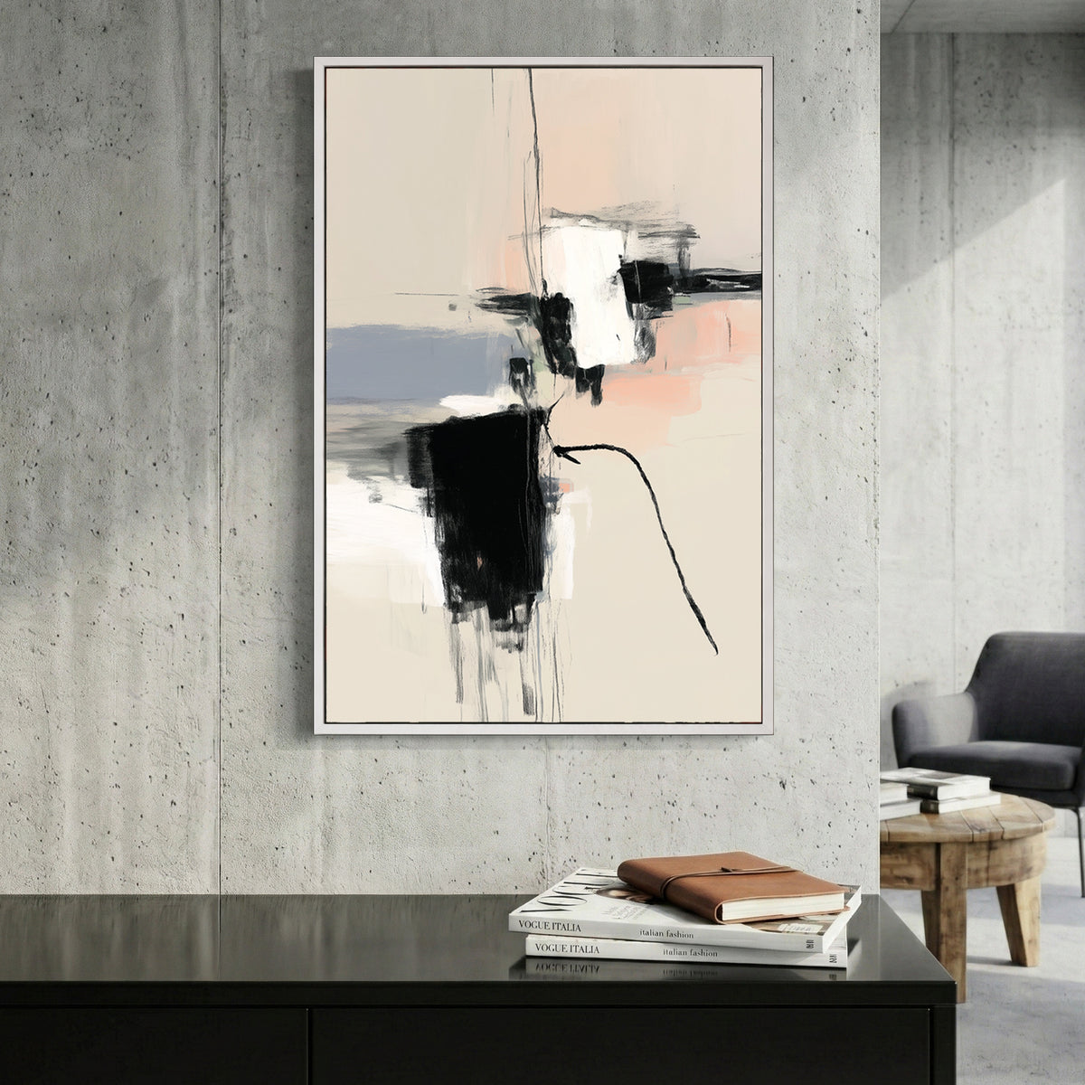 Black White Blush Minimalist Abstract canvas wall art print displayed in a styled living room