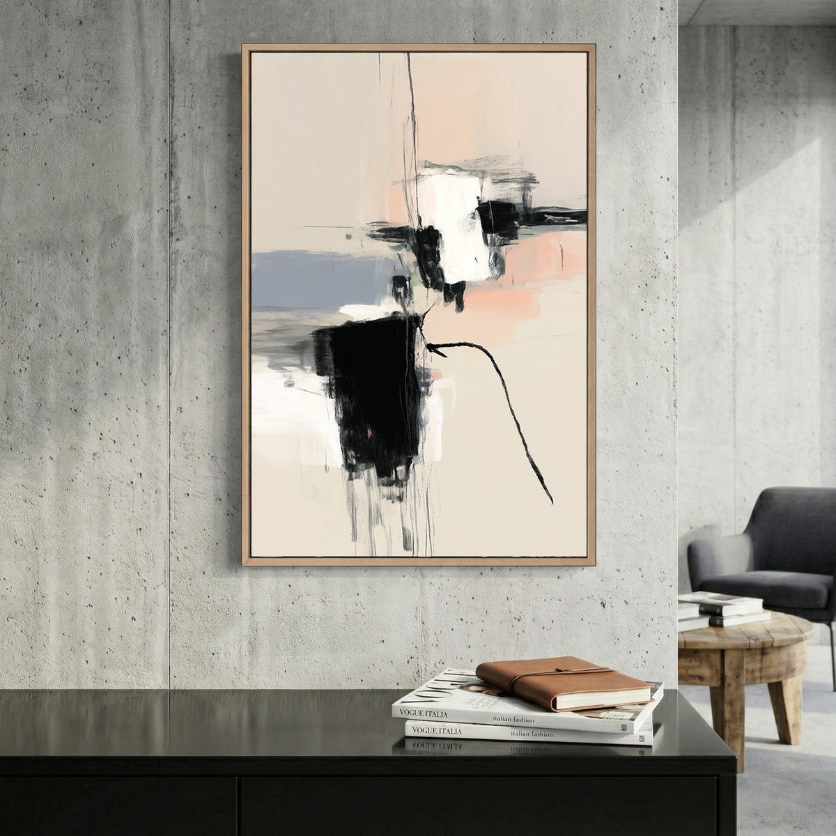 Black White Blush Minimalist Abstract canvas wall art print displayed in a styled living room