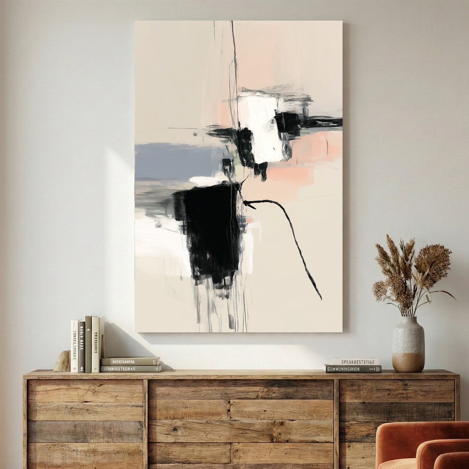 Black White Blush Minimalist Abstract canvas wall art print displayed in a styled living room