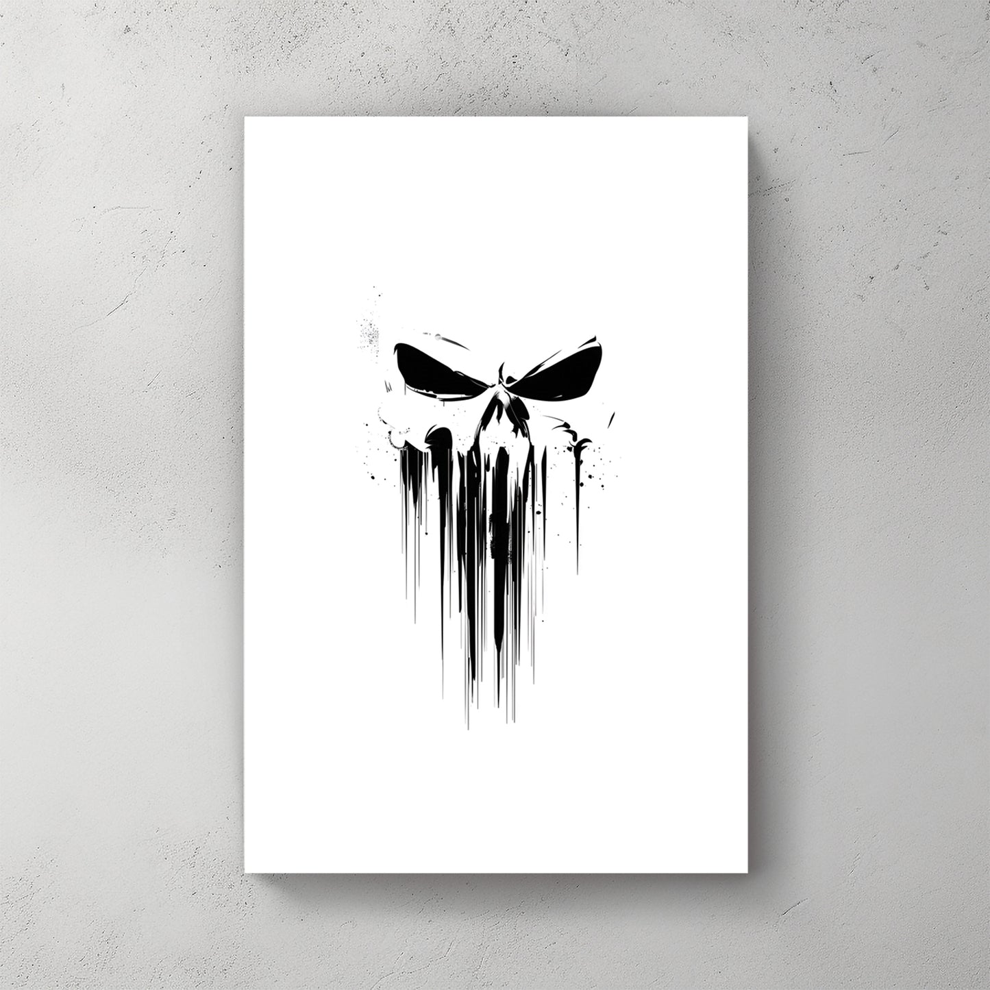 Punisher-style skull silhouette in black ink with long drip strokes running down, white background, minimalist — canvas wall art print