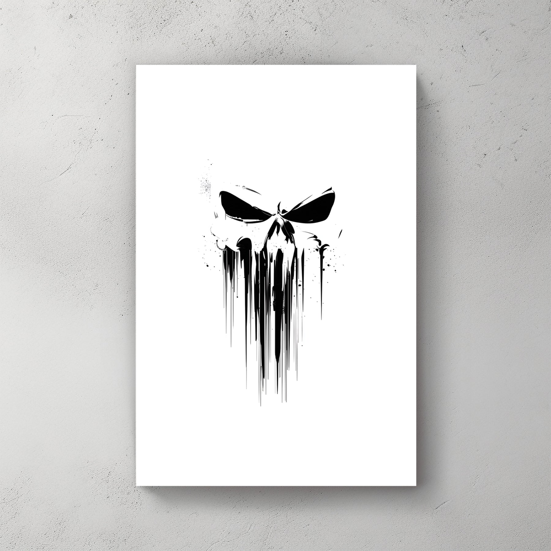 Punisher-style skull silhouette in black ink with long drip strokes running down, white background, minimalist — canvas wall art print
