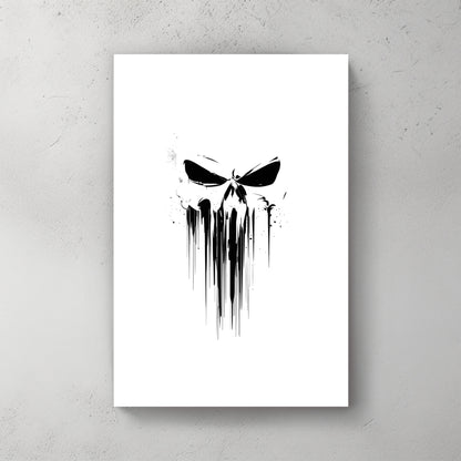 Punisher-style skull silhouette in black ink with long drip strokes running down, white background, minimalist — canvas wall art print