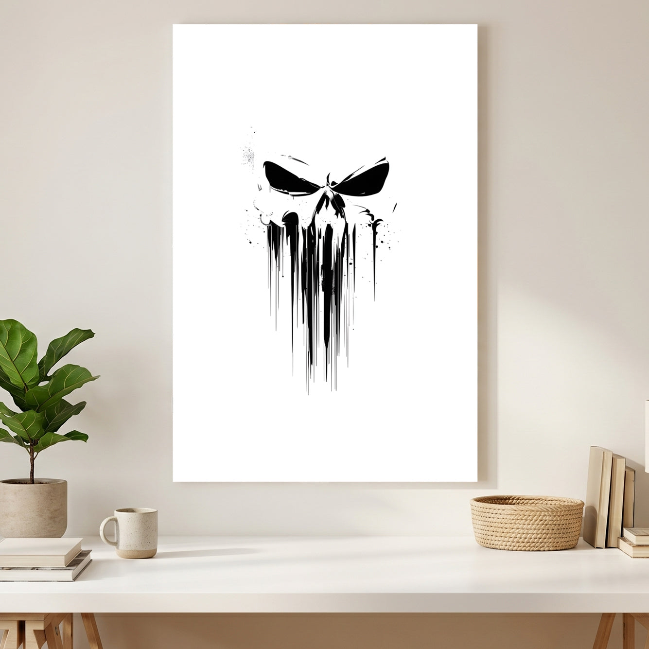 Dripping Skull Minimalist canvas wall art print styled in a modern interior