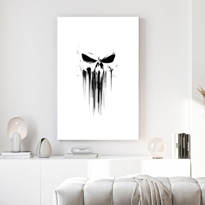 Dripping Skull Minimalist canvas wall art print above a sofa in a contemporary living room