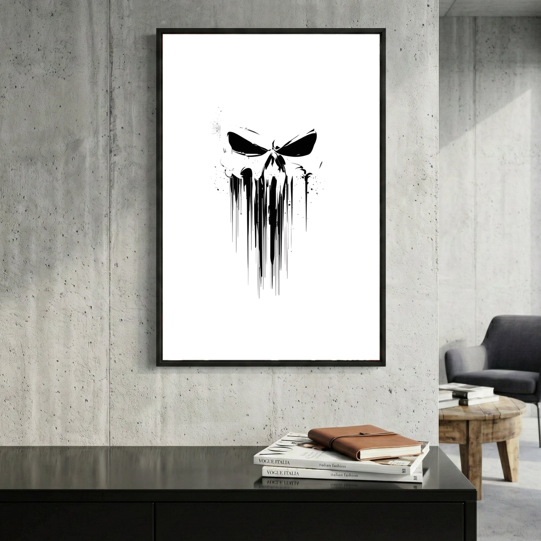 Dripping Skull Minimalist framed canvas wall art print in a gallery-style display