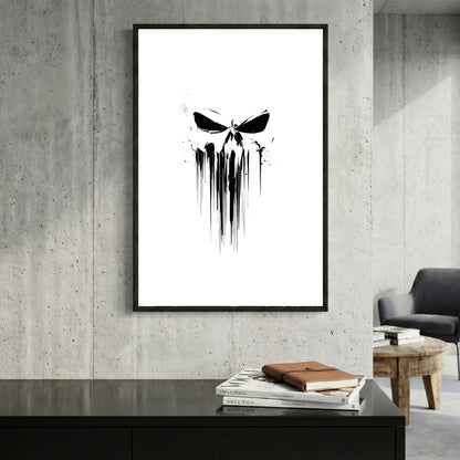 Dripping Skull Minimalist framed canvas wall art print in a gallery-style display