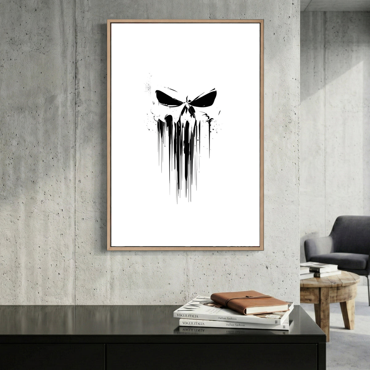 Dripping Skull Minimalist canvas wall art print displayed in a styled living room