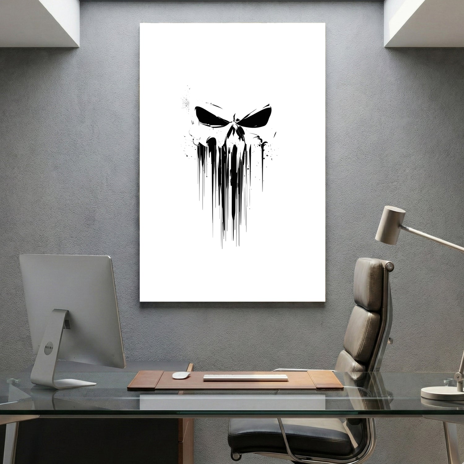 Dripping Skull Minimalist canvas wall art print displayed in a styled living room