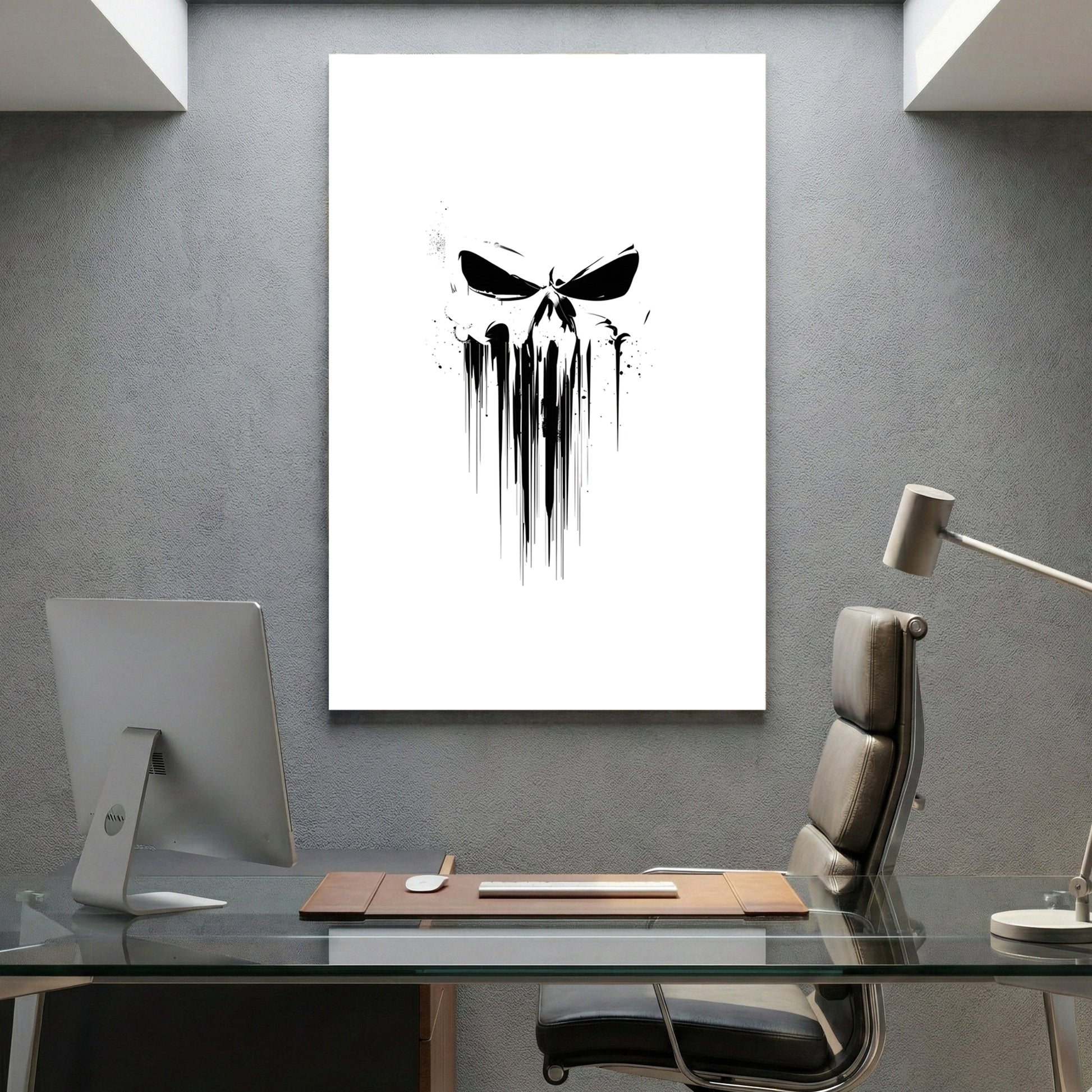 Dripping Skull Minimalist canvas wall art print displayed in a styled living room