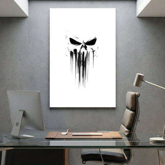 Dripping Skull Minimalist canvas wall art print displayed in a styled living room