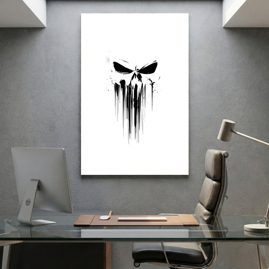 Dripping Skull Minimalist canvas wall art print displayed in a styled living room