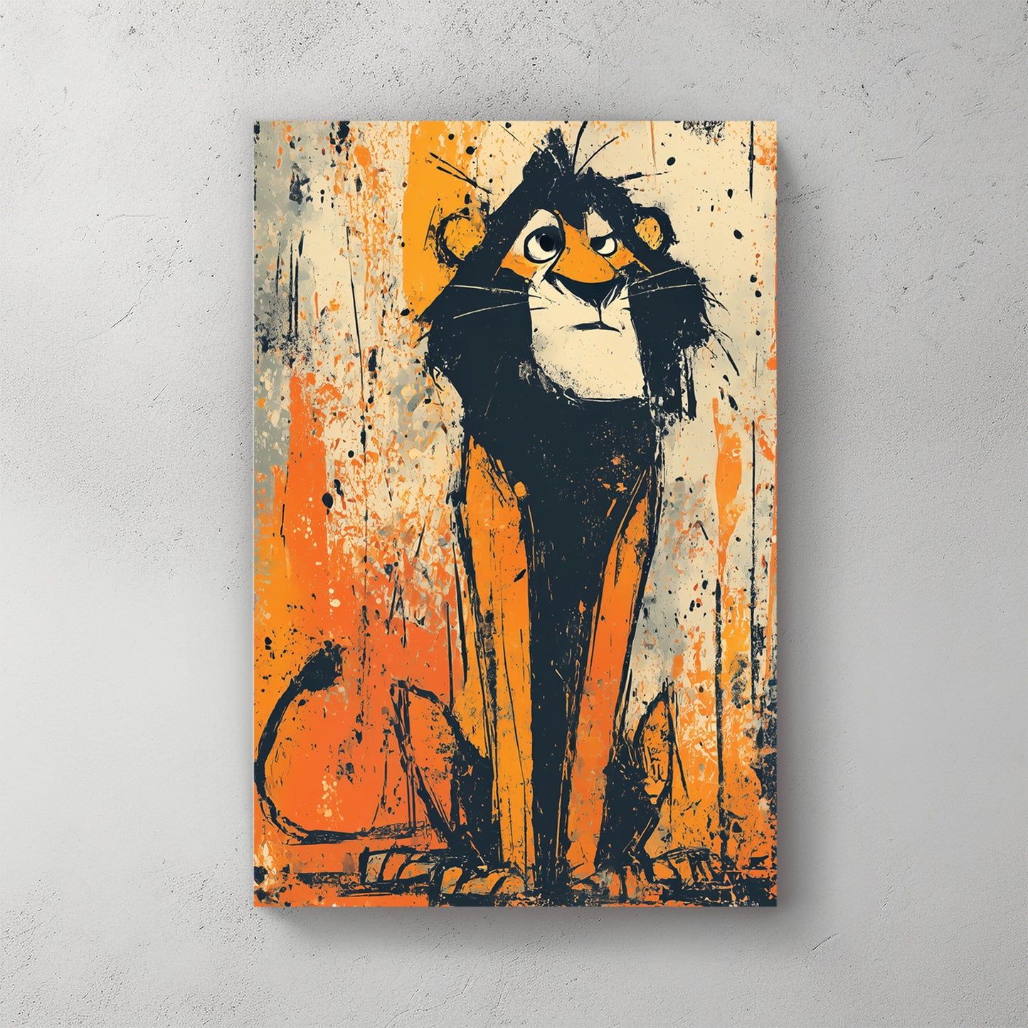 Young lion cub sketch, fluffy mane, orange and grey, ink and brushwork — canvas wall art print