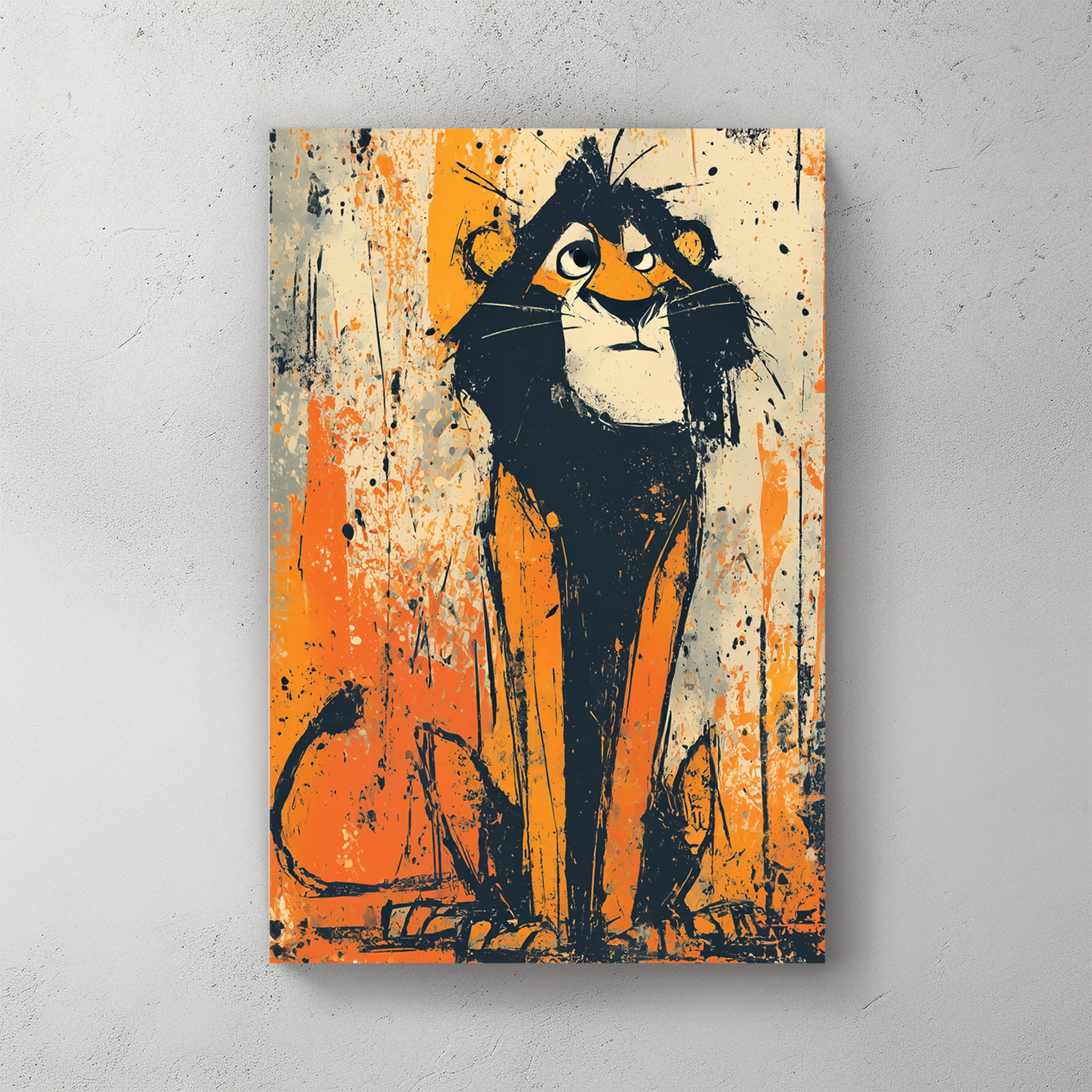 Young lion cub sketch, fluffy mane, orange and grey, ink and brushwork — canvas wall art print