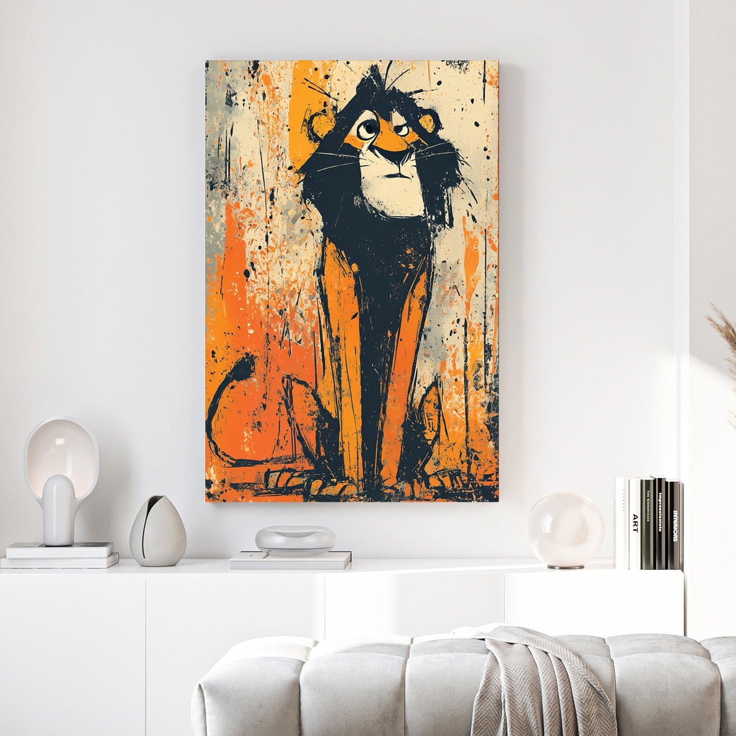 Young Lion Cub Sketch canvas wall art print above a sofa in a contemporary living room