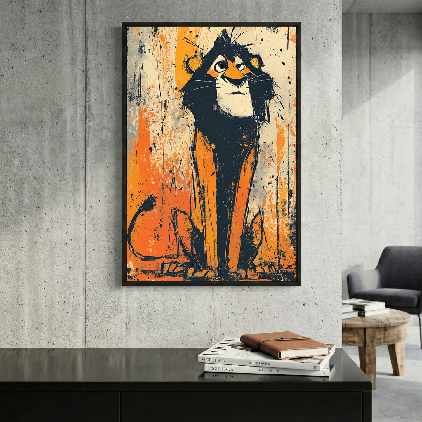 Young Lion Cub Sketch framed canvas wall art print in a gallery-style display