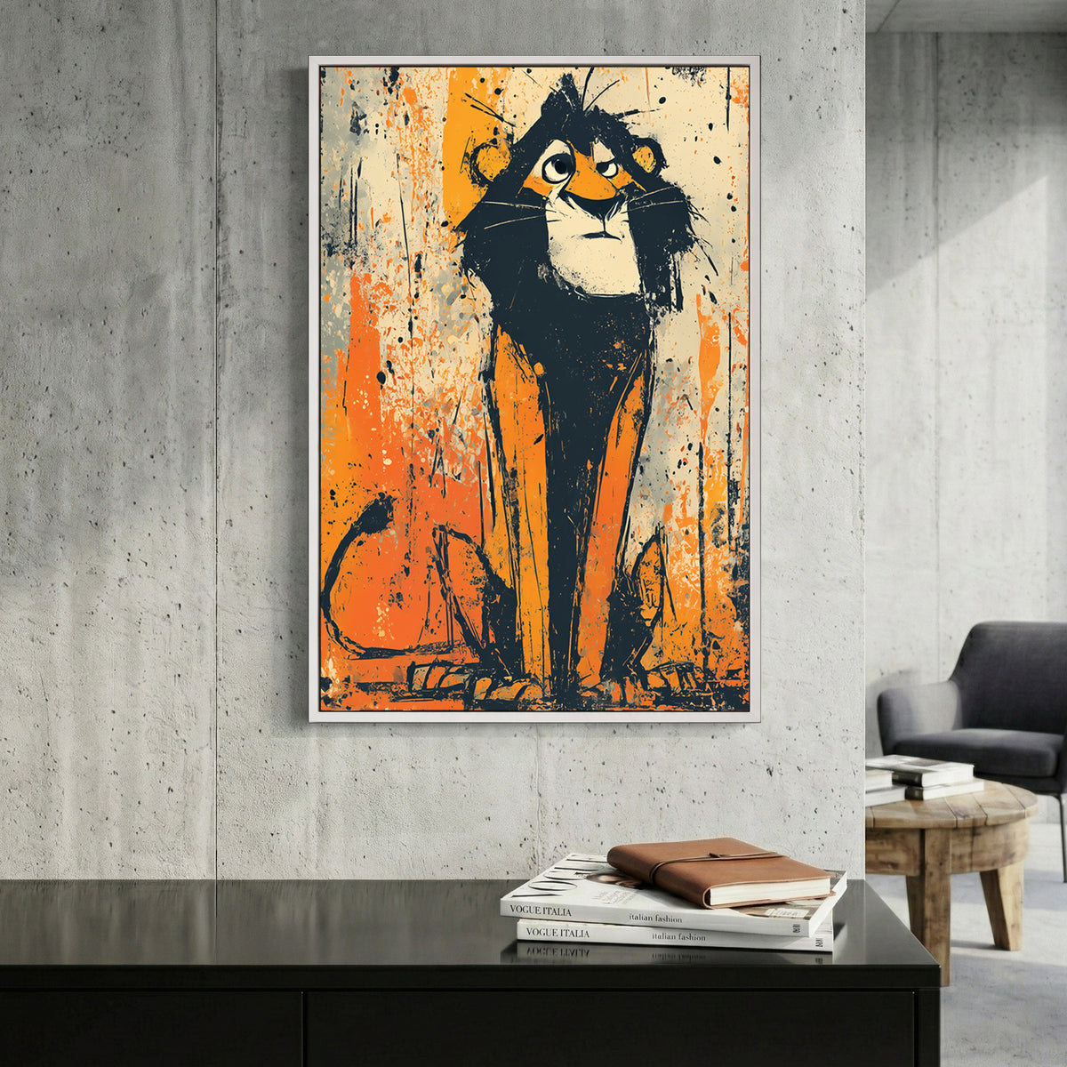 Young Lion Cub Sketch canvas wall art print displayed in a styled living room
