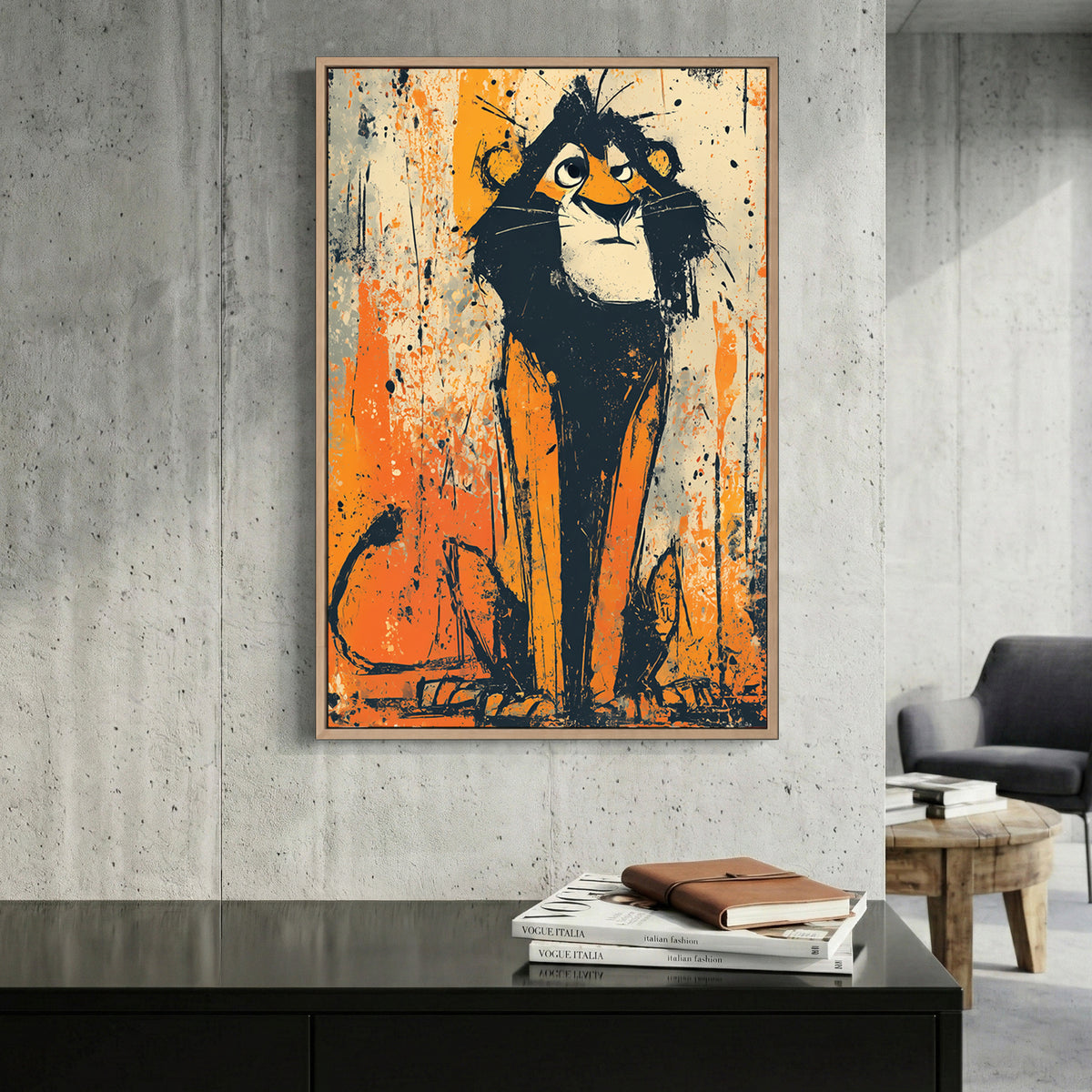 Young Lion Cub Sketch canvas wall art print displayed in a styled living room