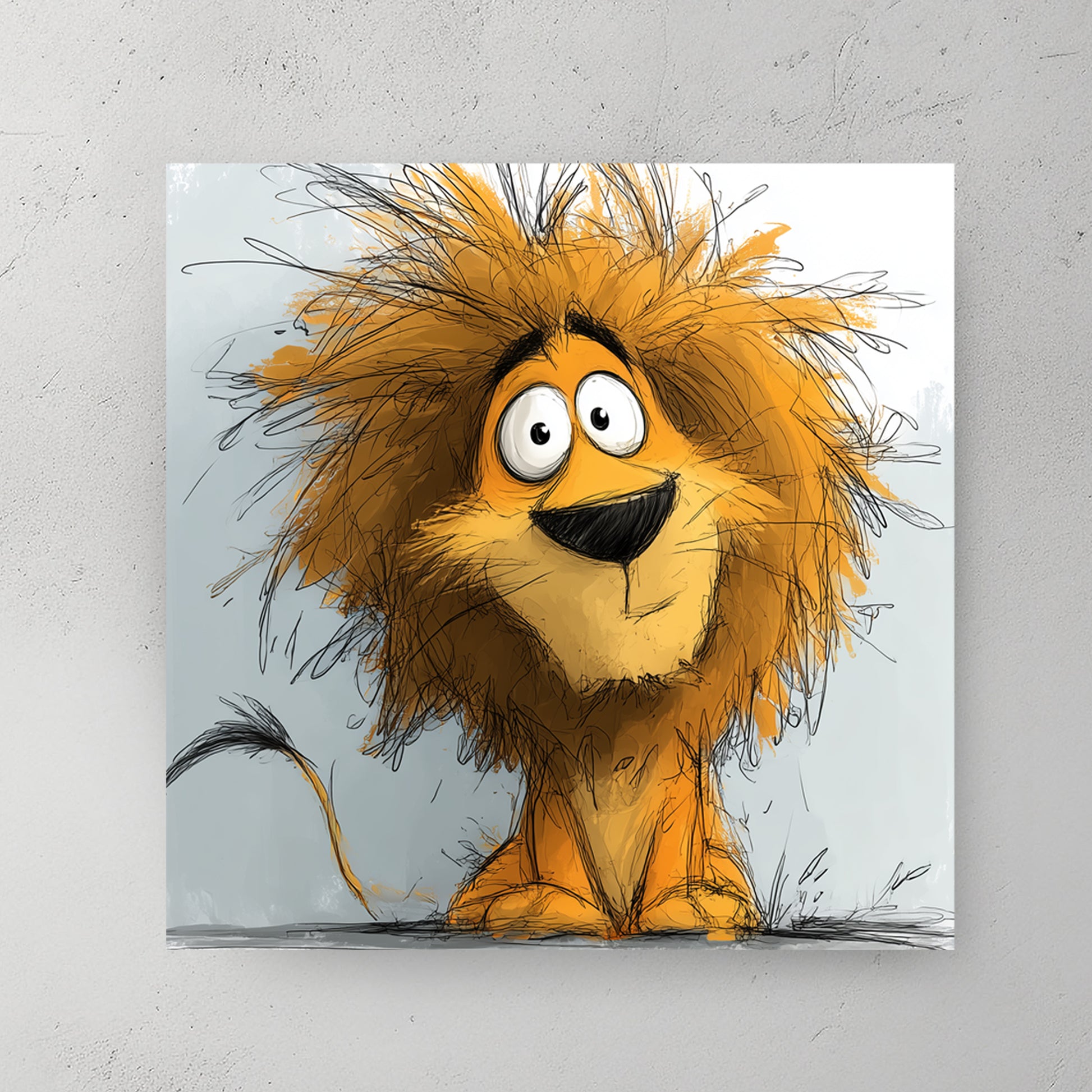 Cartoon lion with wild mane; cross-eyed silly expression; sketchy kids style — canvas wall art print