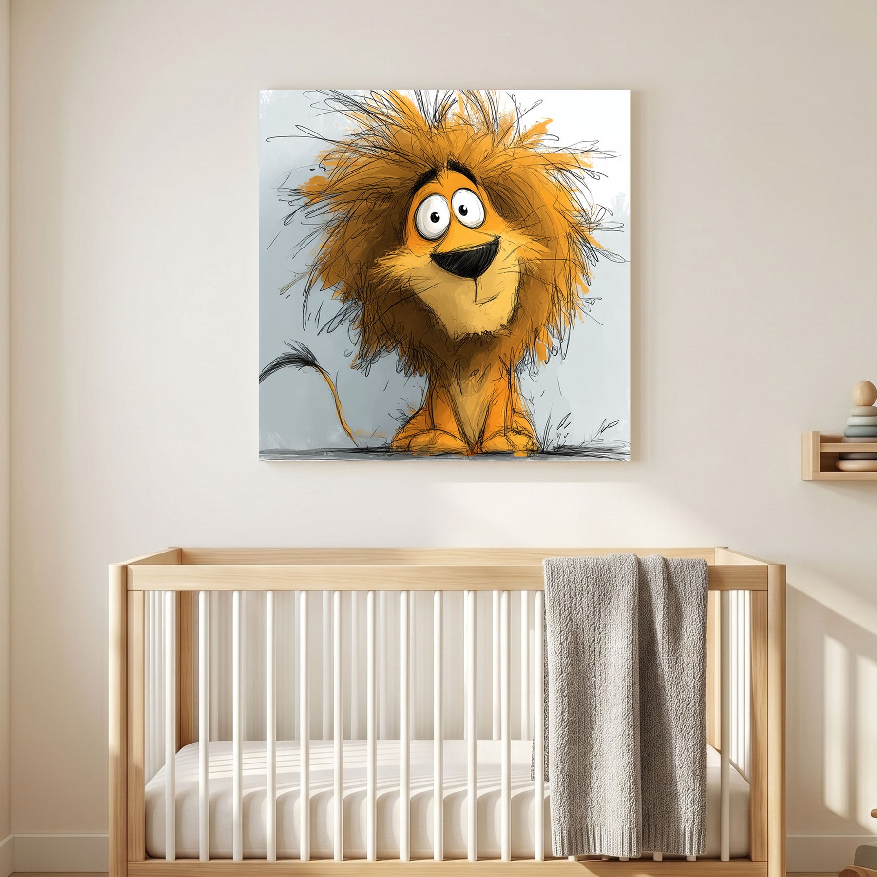 Whimsical Cartoon Lion Kids canvas wall art print styled in a modern interior