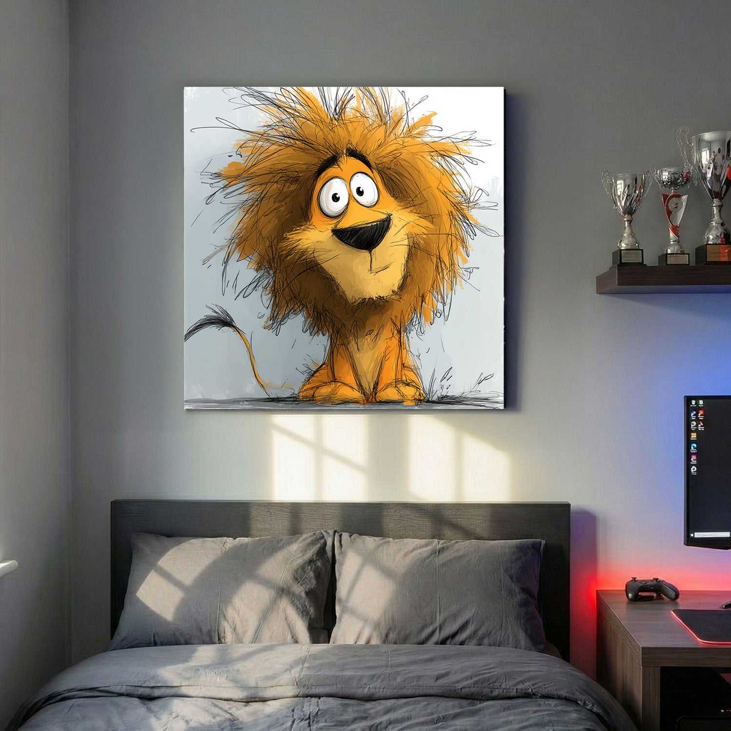 Whimsical Cartoon Lion Kids canvas wall art print above a sofa in a contemporary living room