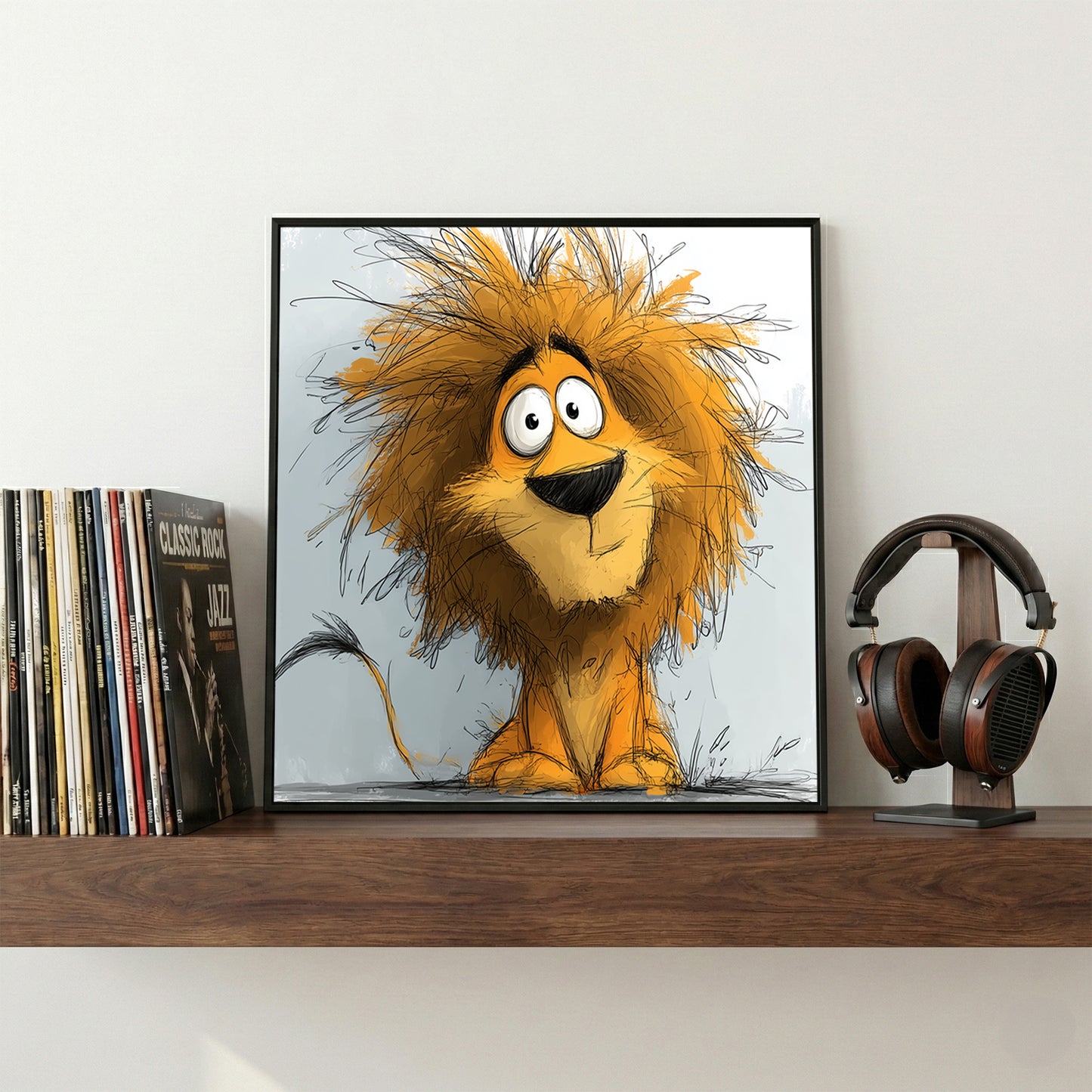 Whimsical Cartoon Lion Kids framed canvas wall art print in a gallery-style display