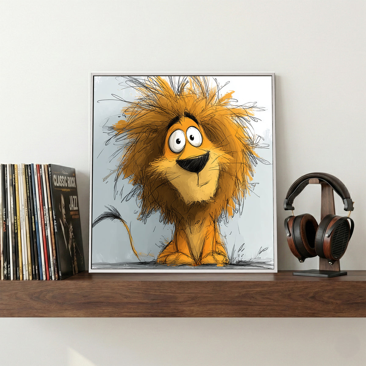 Whimsical Cartoon Lion Kids canvas wall art print displayed in a styled living room